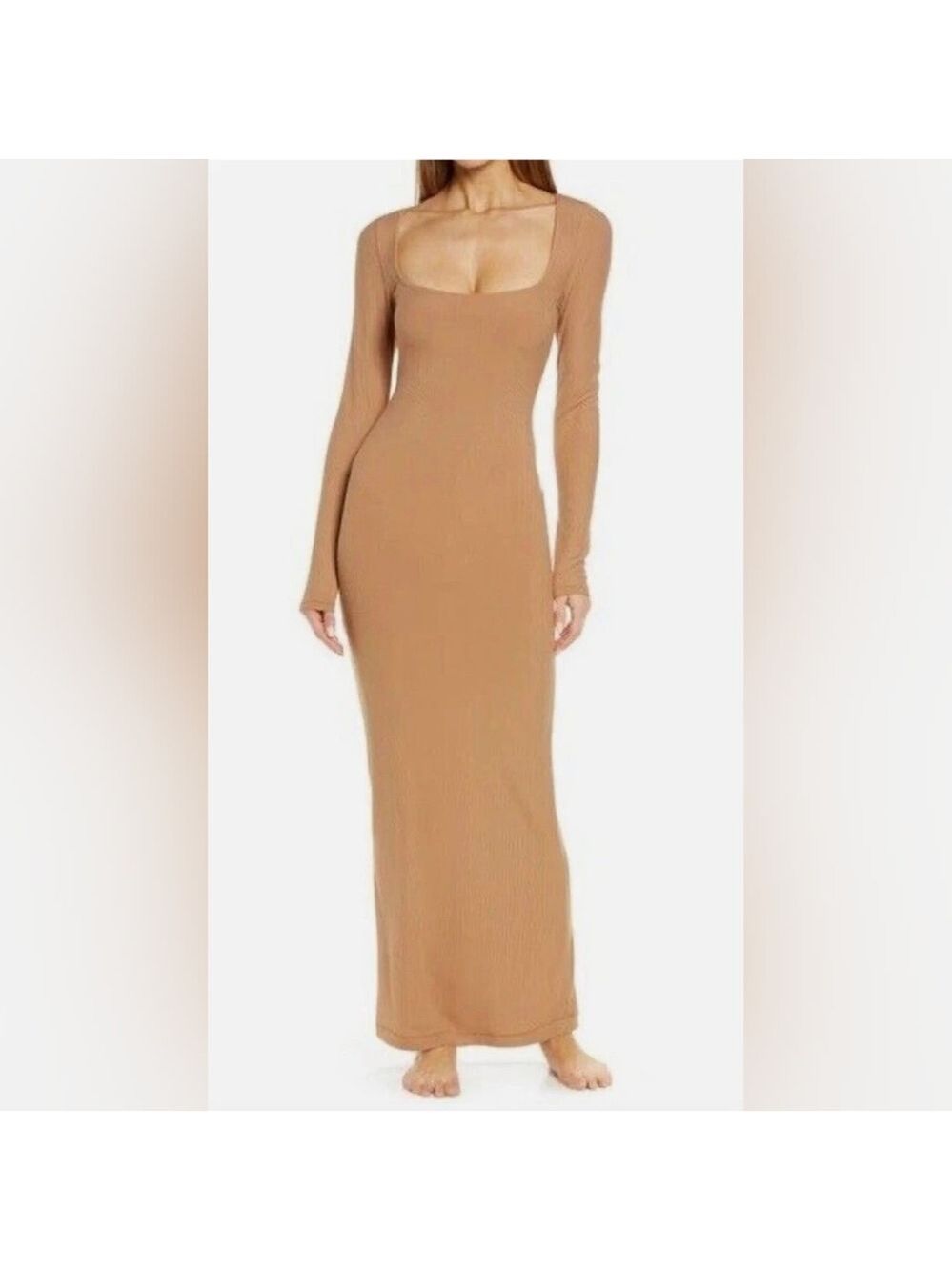 SKIMS Long Sleeve Square Neck Maxi Dress in Camel